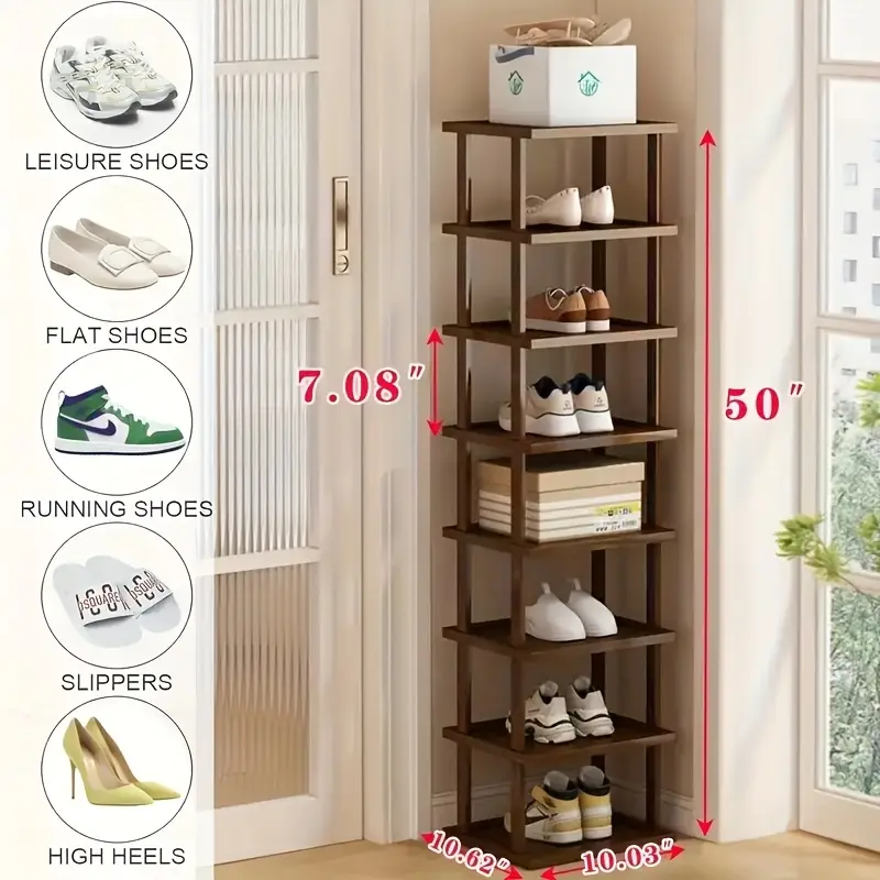 Vertical Bamboo Shoe Rack - A High And Narrow Shoe Rack Manager Suitable For Small Spaces, Used For Bamboo Shoe Racks At Entrances, Wardrobes, Corners, And Doorways