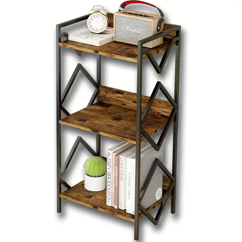 Modern Minimalist 3-Tier Black Metal Bookshelf with Wood Accents - Space-Saving Design for Office, Living Room, Bedroom - Holds Books, Plants, and Decor - Sturdy Support & Easy Assembly, Bookshelf Decorations, Standing Shelf