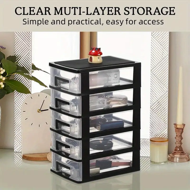 Versatile 5-Tier Plastic Storage Cabinet with Drawers - Waterproof, Dustproof Organizer for Home & Office - Black Transparent, Portable, Shelf, Trunks