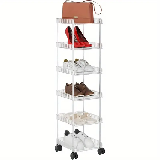 6-Tier Space-Saving Shoe Rack with Wheels – Slim Freestanding Organizer for Entryway, Closet & Dorm – Portable Wooden Shelf for Sneakers, Boots & Heels – Easy Assembly, Maximizes Vertical Storage, Dorm Shoe Shelf | Organized Shoe Display | Wooden Shoe Rac