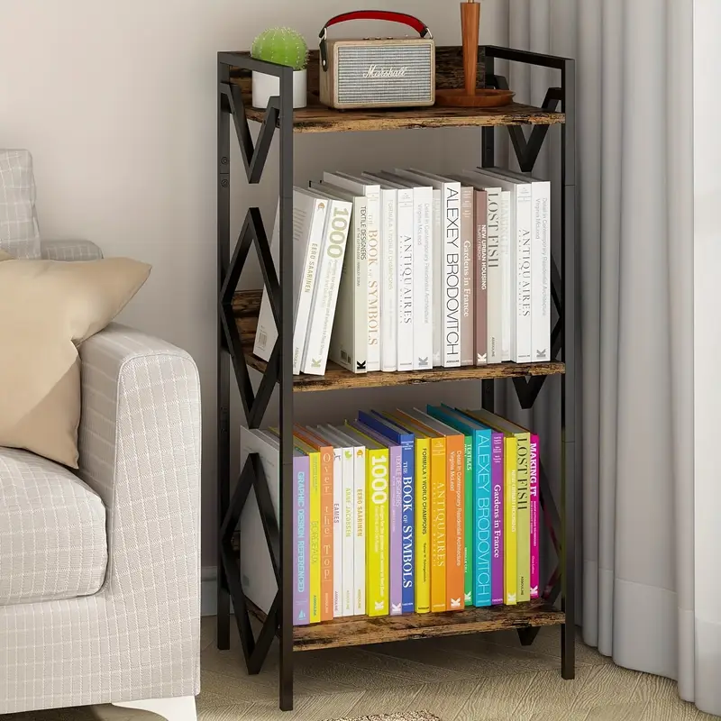 Modern Minimalist 3-Tier Black Metal Bookshelf with Wood Accents - Space-Saving Design for Office, Living Room, Bedroom - Holds Books, Plants, and Decor - Sturdy Support & Easy Assembly, Bookshelf Decorations, Standing Shelf