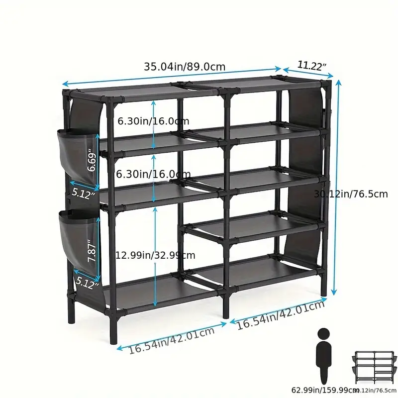 Shoe Rack with Pockets, 5-Tier Shoe Boots Organizer Freestanding Shoe Shelf for Entryway Bedroom