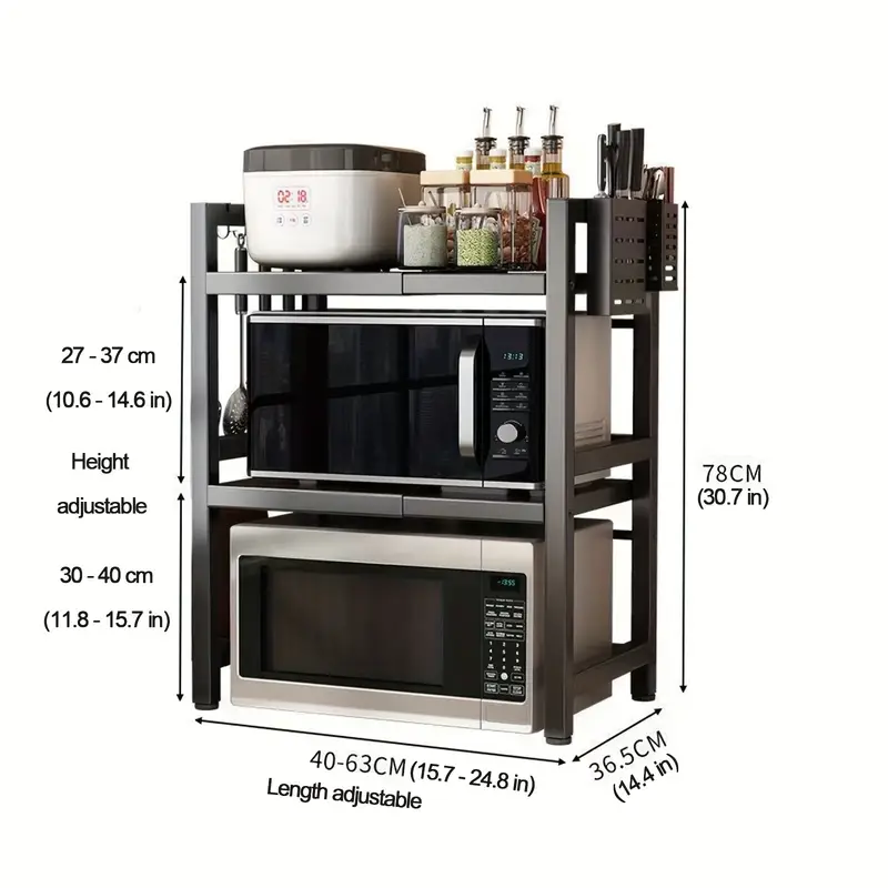 1 Piece Adjustable Metal Kitchen Rack, Microwave Holder, Expandable, Multifunctional Storage Rack for Microwave, Fruit And Vegetable Storage, Black