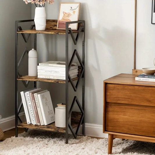 Modern Minimalist 3-Tier Black Metal Bookshelf with Wood Accents - Space-Saving Design for Office, Living Room, Bedroom - Holds Books, Plants, and Decor - Sturdy Support & Easy Assembly, Bookshelf Decorations, Standing Shelf