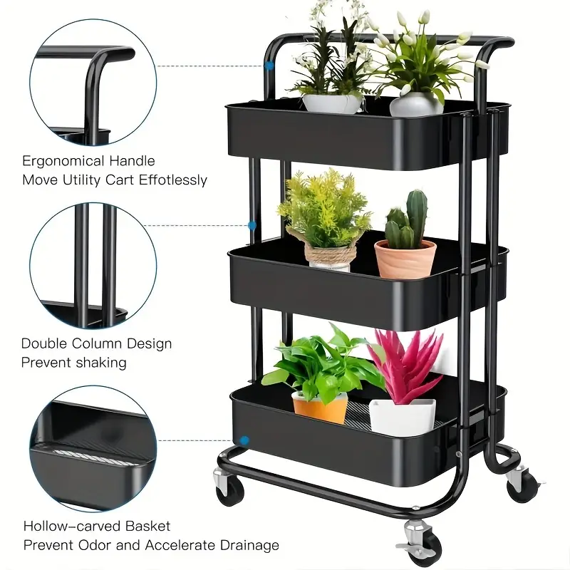 Multi-purpose 3-layer Mobile Storage Trolley, Available In Metal And New Plastic Materials: Storage Rack With Armrests, Mobile Storage Trolley, Mobile Kitchen Storage Rack Suitable For Kitchen, Living Room, Office