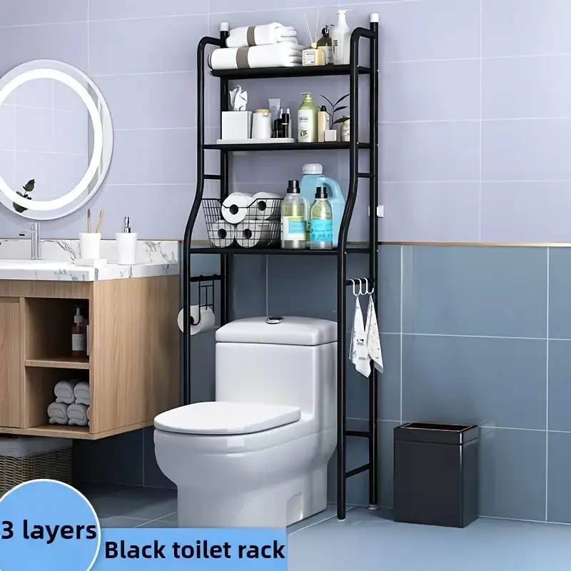 Space-Saving 3-Tier Bathroom Organizer With Toilet Rack & Washing Machine Stand - Black Metal, Floor Mount, Includes Hanging Rod For Laundry And Restroom Storage