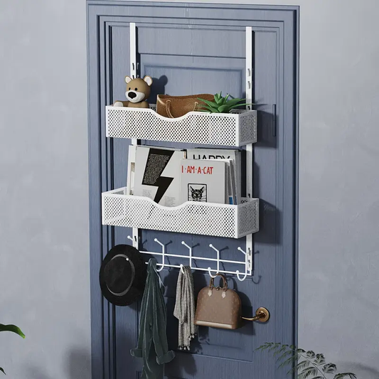 1pc Over The Door Hanging Organizer, Door Back Coat Rack With Hooks & 2 Mesh Baskets, Back Of Door Storage Organizer For Bathroom, Bedroom, Kitchen, Office, Etc., Space Saving