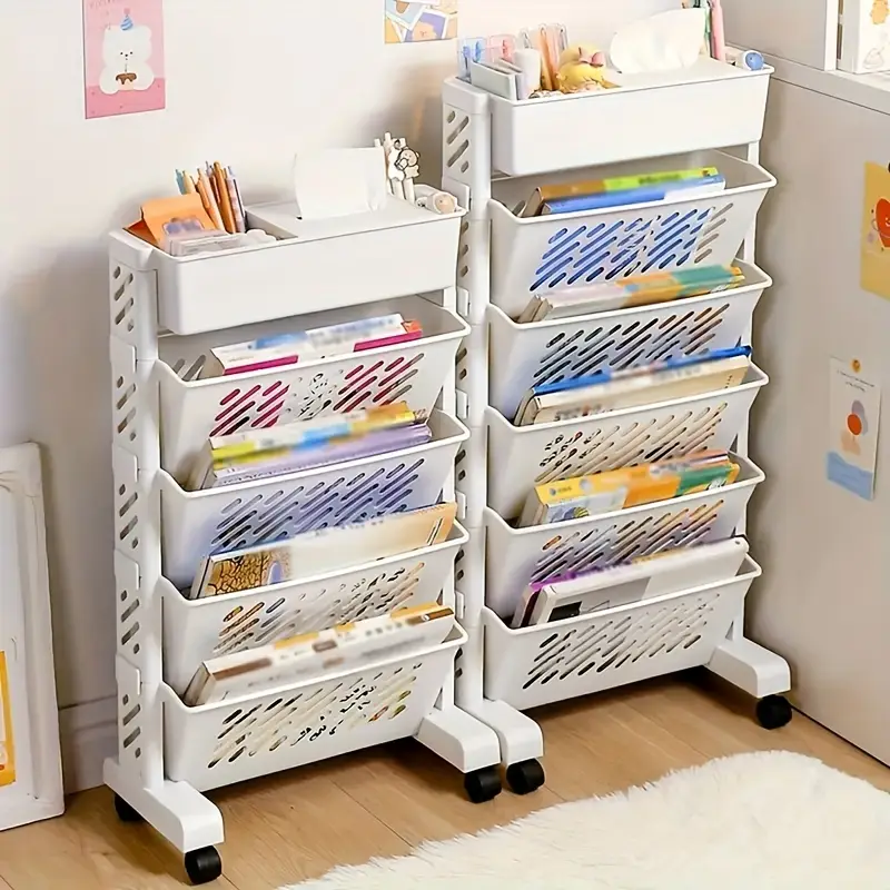 Office And Home Portable Simple Bookshelf Floor Standing Picture Book Rack Book Storage Rack Cart Desk Side Storage Rack, Suitable For Books, Tablets, Classroom, Office, And Home Document Storage