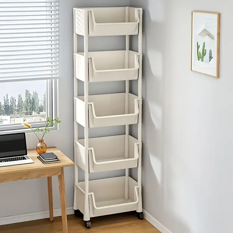 1pc/5 Layer  Storage Shelf, Non-Electric, Wheel-Based Mobile Shelf For Optimal Storage Racks In Living Room, Bedroom, Dormitory, Office, Garage Space, Utility Shelves