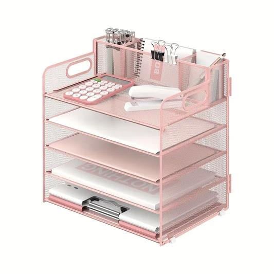 5-tier Desk Storage Rack With Handle And 3 Pen Holders, Desk Organizer With Grid Paper/File Sorter, Office Supplies Paper Tray Storage Box