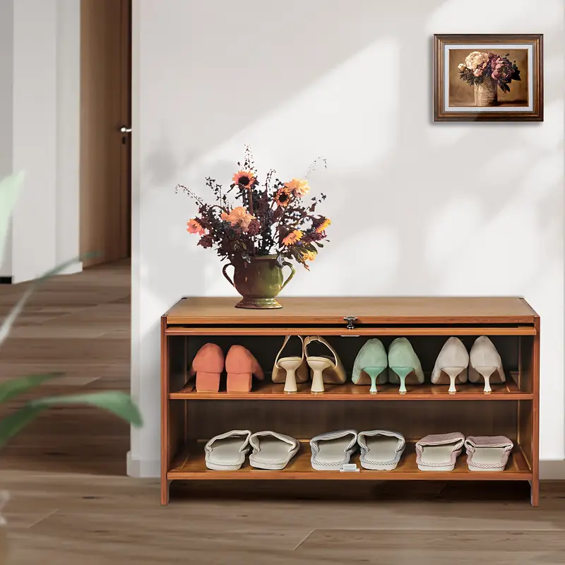 Bamboo Shoe Storage with Flip Doors Free Standing Shoes Shelf Organize for 6-10 Pairs for Entryway Hallway Bedroom Living Room