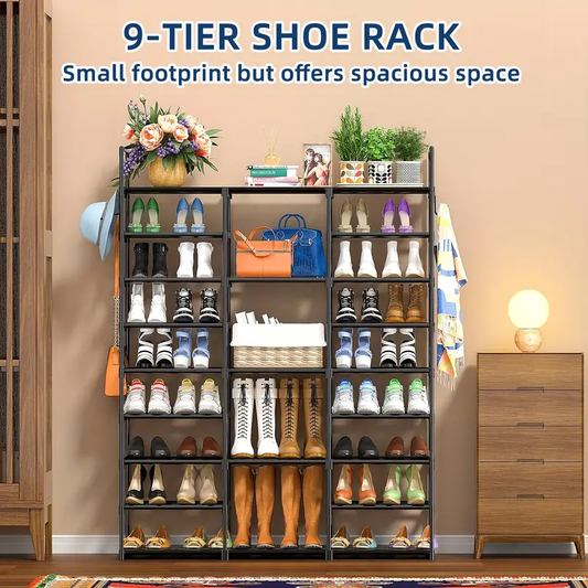 9-Tier Metal Shoe Rack Organizer with Hooks, Space-Saving Storage for 50-55 Pairs of Shoes, Bags & Books, Stackable Shelving Unit for Entryway, Bedroom, or Closet, Perfect for High Tops, Sneakers, and Decorative Items, Best for Christmas, Utility Racks