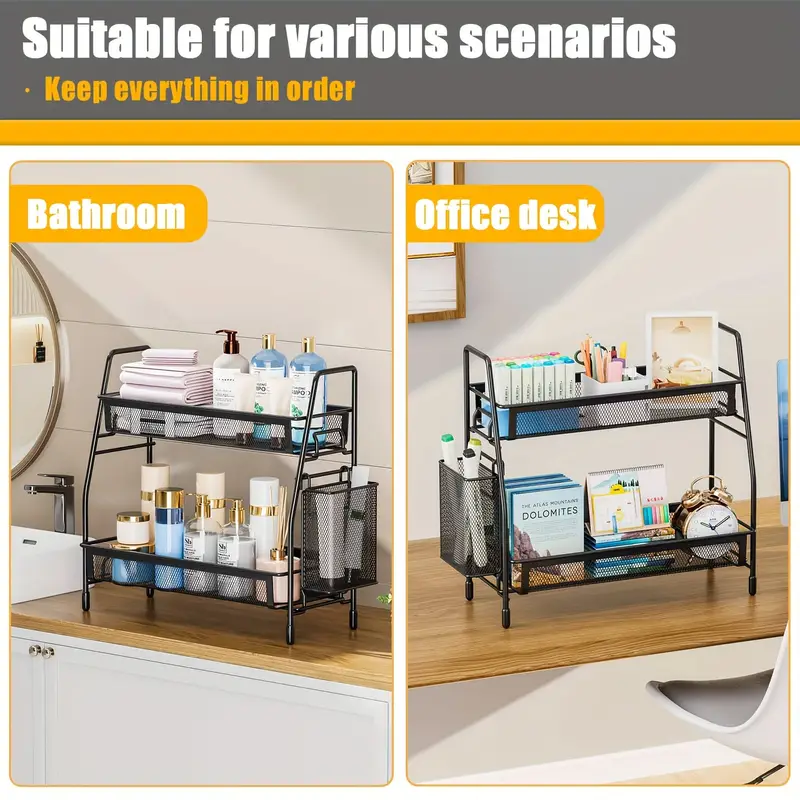 Stainless Steel Kitchen Countertop Organizer with Side Basket, Metal Spice Rack Storage Shelf for Cosmetics and Accessories