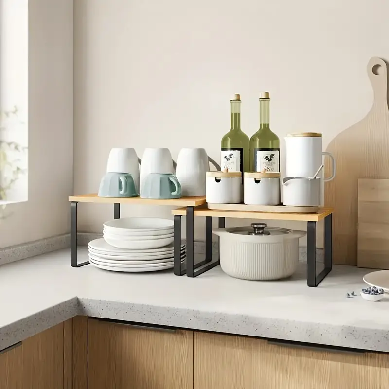 2-Pack Stackable Cabinet Organizer - Expandable Kitchen Countertop Shelf, Spice Rack, Storage for Dining & Indoor Use, Solid Wood & Metal Construction