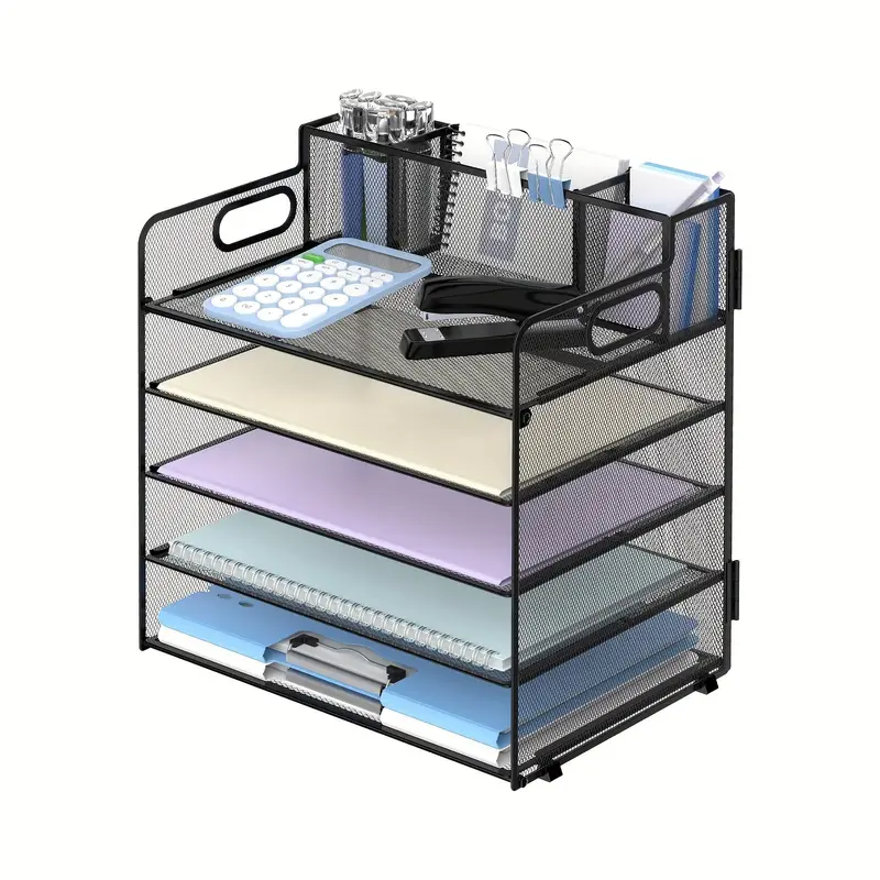 5-tier Desk Storage Rack With Handle And 3 Pen Holders, Desk Organizer With Grid Paper/File Sorter, Office Supplies Paper Tray Storage Box