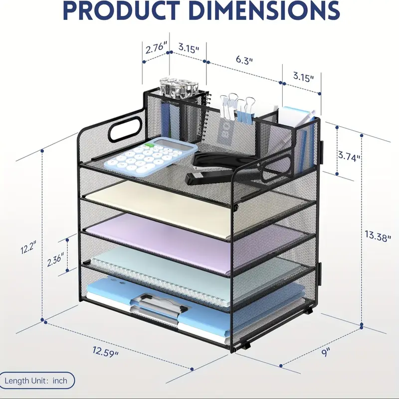 5-tier Desk Storage Rack With Handle And 3 Pen Holders, Desk Organizer With Grid Paper/File Sorter, Office Supplies Paper Tray Storage Box