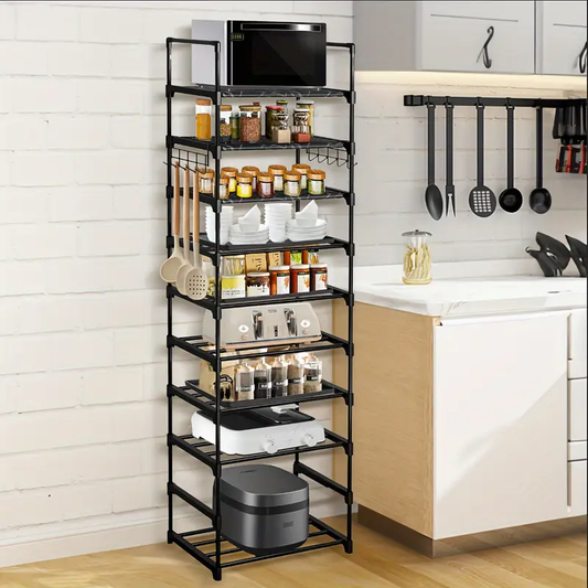 Superlele 9/10-Tiers Adjustable Kitchen Shelves, Kitchen Organizers And Storage, Black Metal Storage Shelf With Hooks, Spice Rack, Shoe Rack, Pots And Pans Organizer, Home Decor, For Kitchen, Pantry, Bathroom, Christmas, Halloween Decorations.