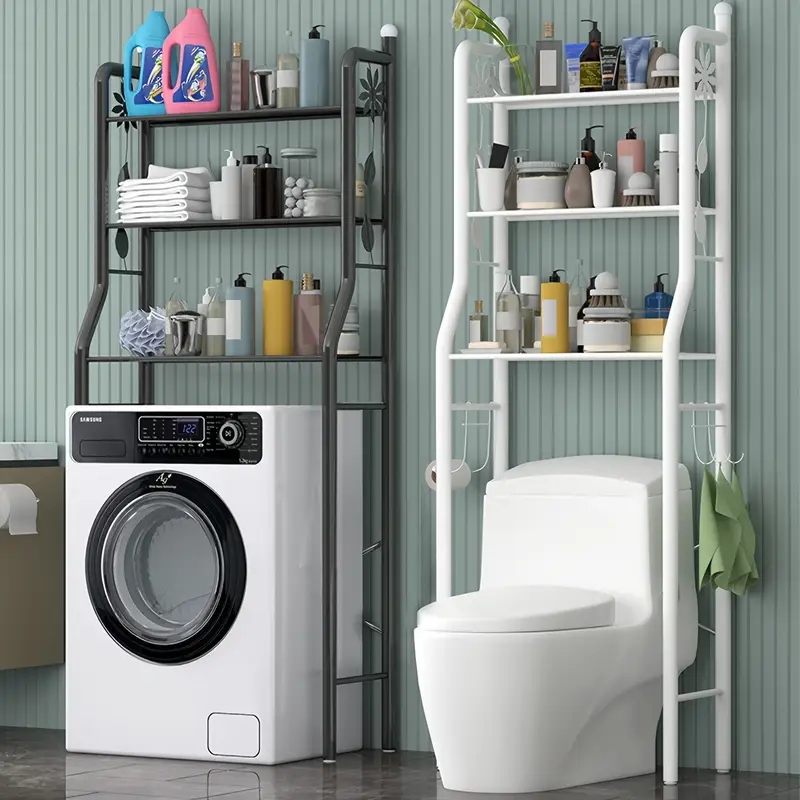 Space-Saving 3-Tier Bathroom Organizer With Toilet Rack & Washing Machine Stand - Black Metal, Floor Mount, Includes Hanging Rod For Laundry And Restroom Storage