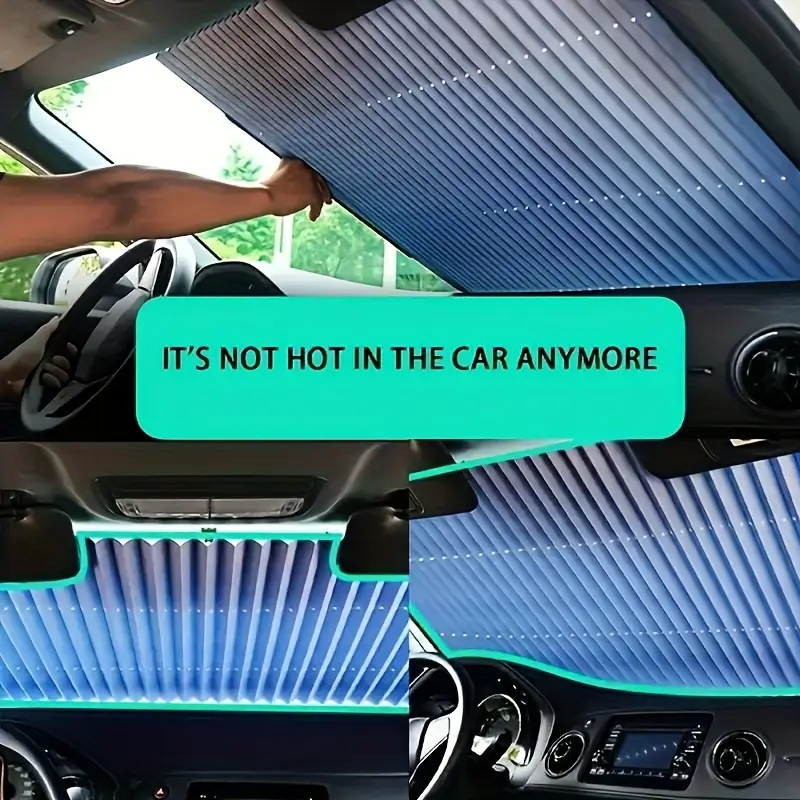 1pc Automatic Retractable Folding Sunshade - UV Resistant, Heat-Insulating, Aluminum Material, Easy Stick-On Installation, Blackout Curtain For Front Window, Car Sunshade Windshield Foldable