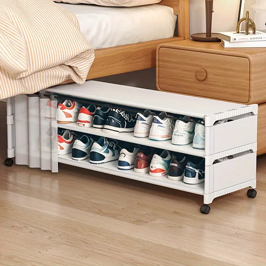 2-Tier Under-Bed Shoe Rack with Curtains and Wheels - Space-Saving Storage Organizer for Dorms and Homes, White/Black, Waterproof Plastic, Multi-Compartment Design for Secure Footwear Storage, Shoe Storage Organizer, Under-Bed Storage