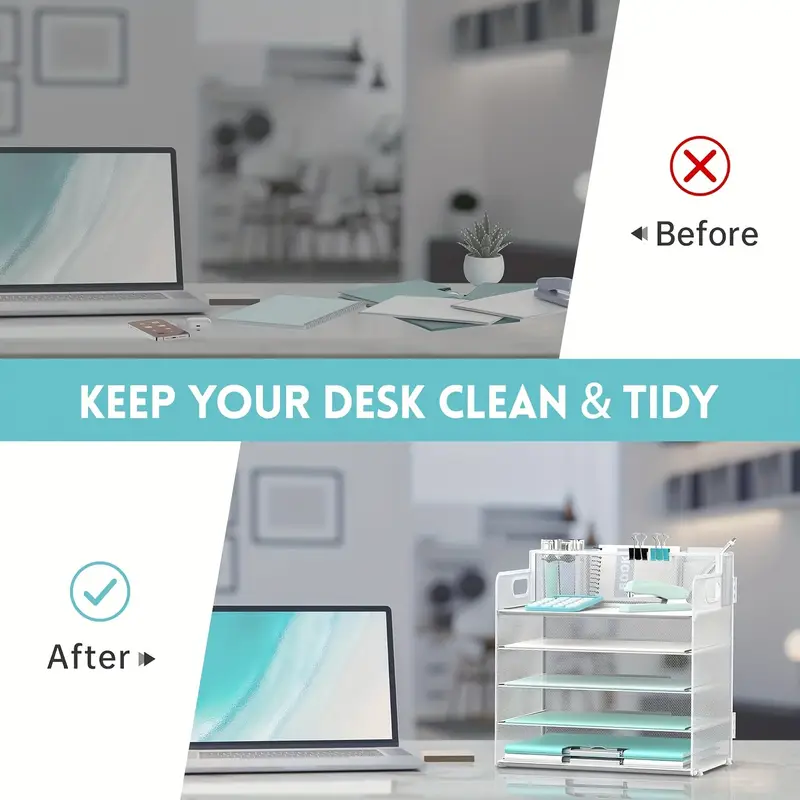 5-tier Desk Storage Rack With Handle And 3 Pen Holders, Desk Organizer With Grid Paper/File Sorter, Office Supplies Paper Tray Storage Box