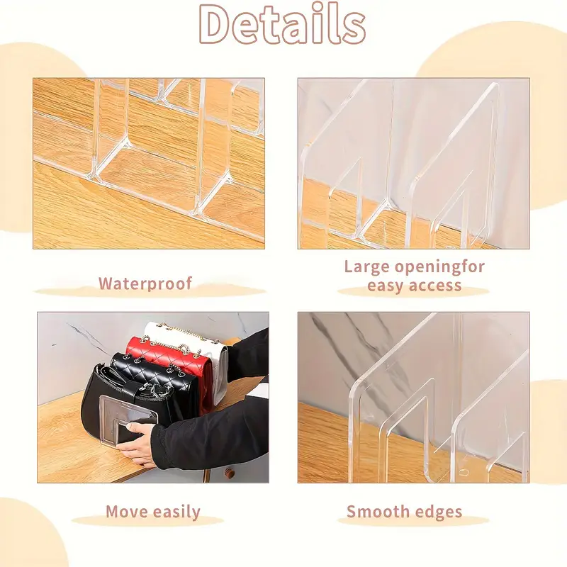 4-Tier Clear Acrylic Organizer for Purses, Handbags & Books - Multi-Purpose Desktop Storage Rack with 4 Sections for Neat Organization, Utility Racks
