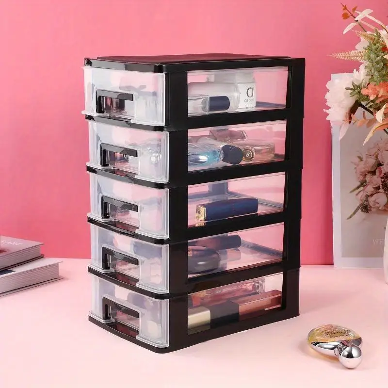 Versatile 5-Tier Plastic Storage Cabinet with Drawers - Waterproof, Dustproof Organizer for Home & Office - Black Transparent, Portable, Shelf, Trunks
